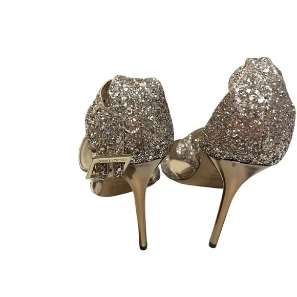 Jimmy Choo Lottie Antique Gold Glitter Heels Strappy Sandals Size 38.5 - Picture 5 of 13